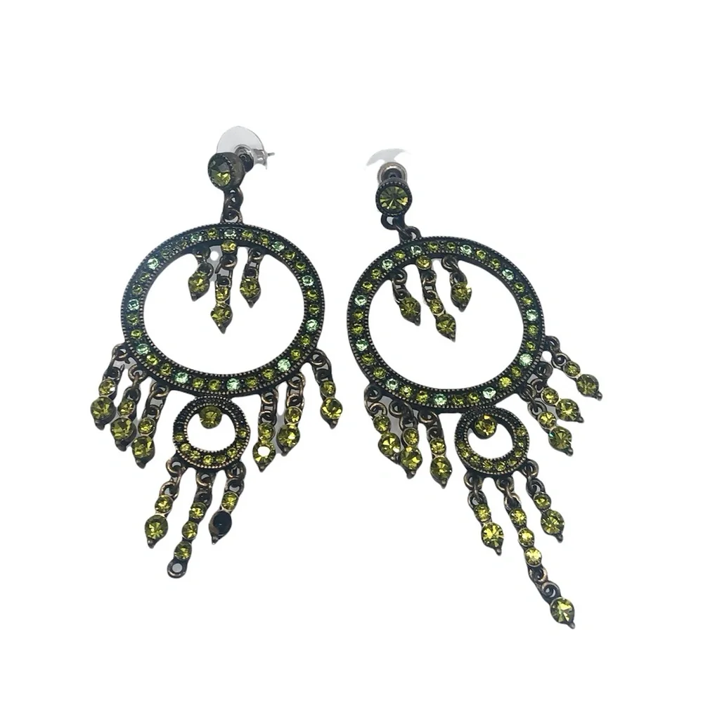 VINTAGE GREEN CRYSTAL CHANDELIER DROP EARRINGS